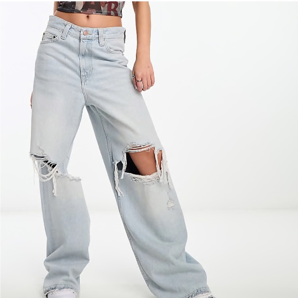 Zara Ripped Thigh Wide Leg Jeans in Light Blue